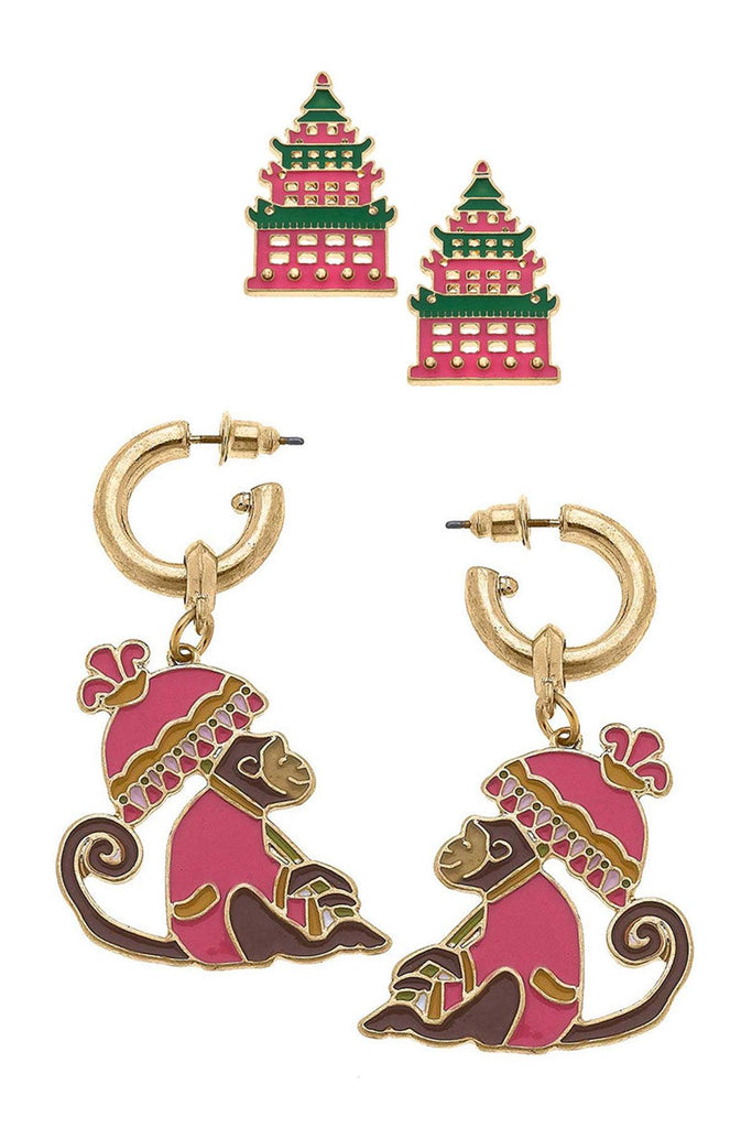 Tiffany Enamel Pagoda Stud and Remy Monkey Earring Set - Canvas Style