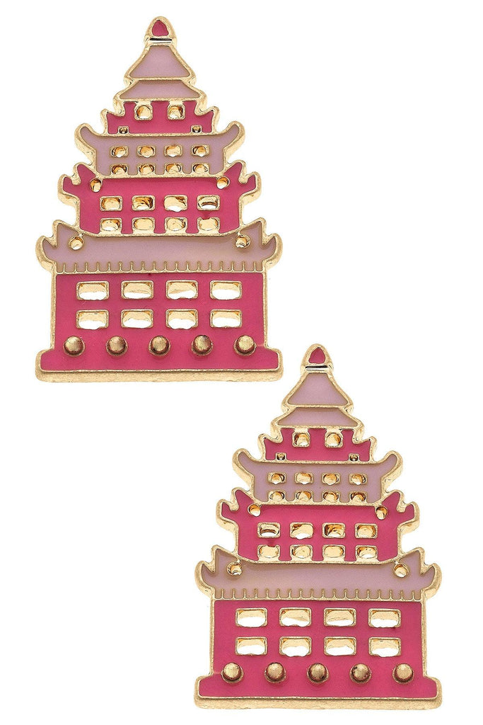Tiffany Enamel Pagoda Stud Earrings in Pink & Red - Canvas Style