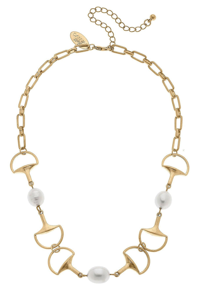Trixie Horsebit with Pearls Chain Necklace in Worn Gold - Canvas Style