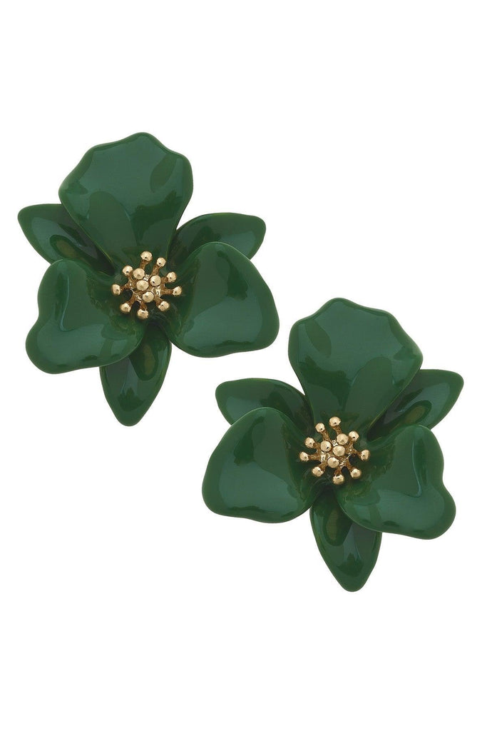 Valentina Enamel Flower Statement Earrings in Green - Canvas Style