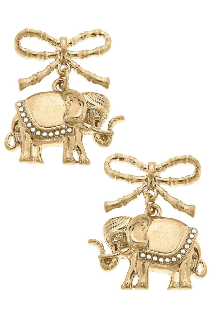 Vega Pearl-Studded Elephant & Bow Drop Earrings in Worn Gold - Canvas Style