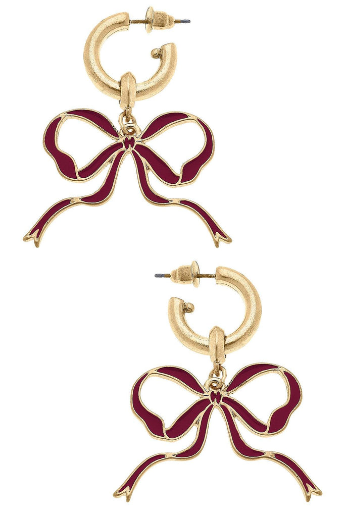 Veronica Game Day Bow Enamel Earrings in Maroon - Canvas Style