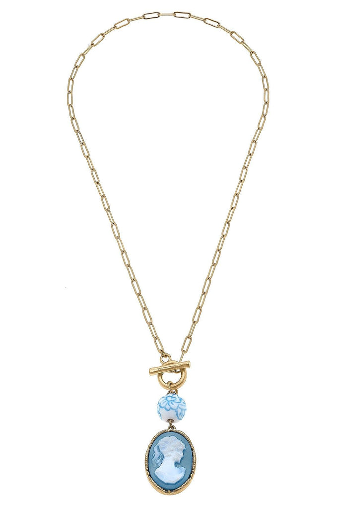 Vesper Cameo Pendant T-Bar Necklace in Wedgwood Blue - Canvas Style