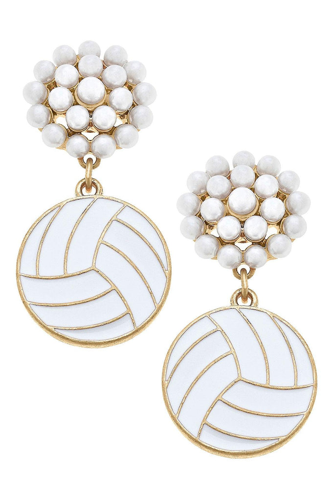 Volleyball Pearl Cluster Enamel Drop Earrings in White - Canvas Style