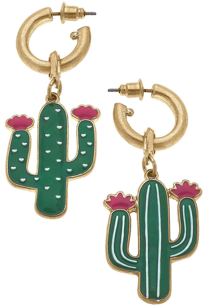 Whimsical Cactus Enamel Earrings in Green & Pink - Canvas Style