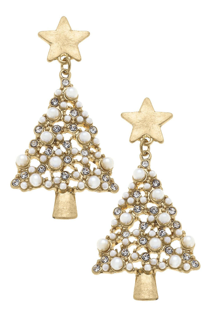 White Christmas Pearl Studded Enamel Christmas Tree Earrings in Ivory & Gold - Canvas Style