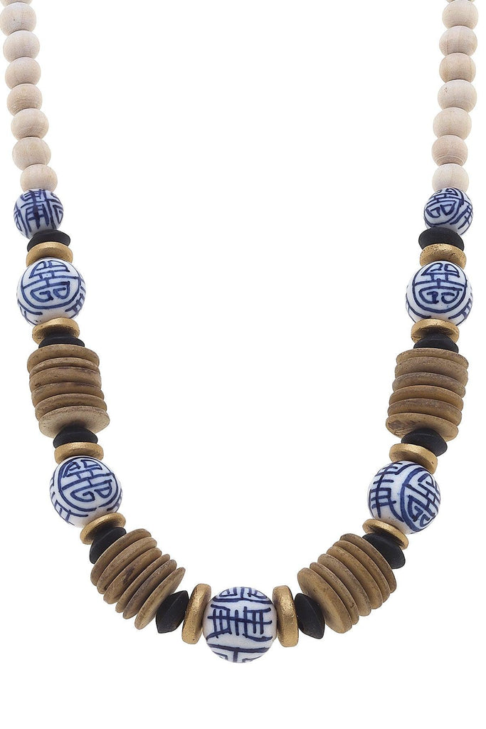 Winslow Blue & White Chinoiserie & Wood Necklace in Brown - Canvas Style