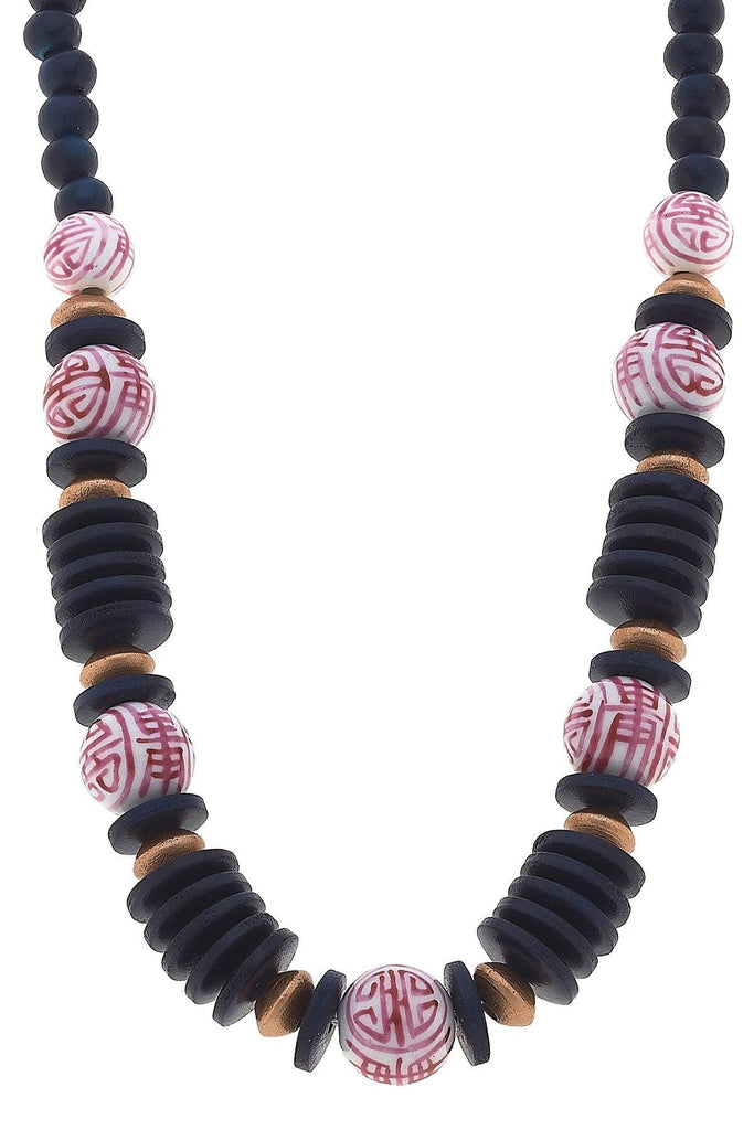 Winslow Pink & White Chinoiserie & Wood Necklace in Navy - Canvas Style