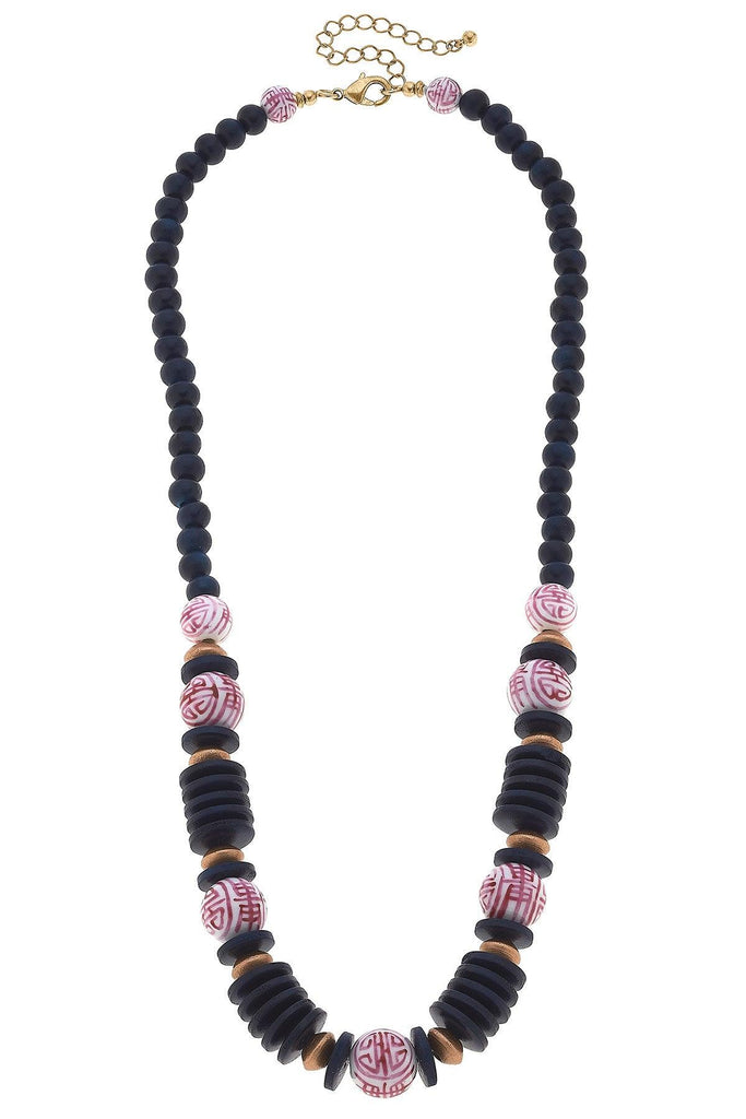 Winslow Pink & White Chinoiserie & Wood Necklace in Navy - Canvas Style