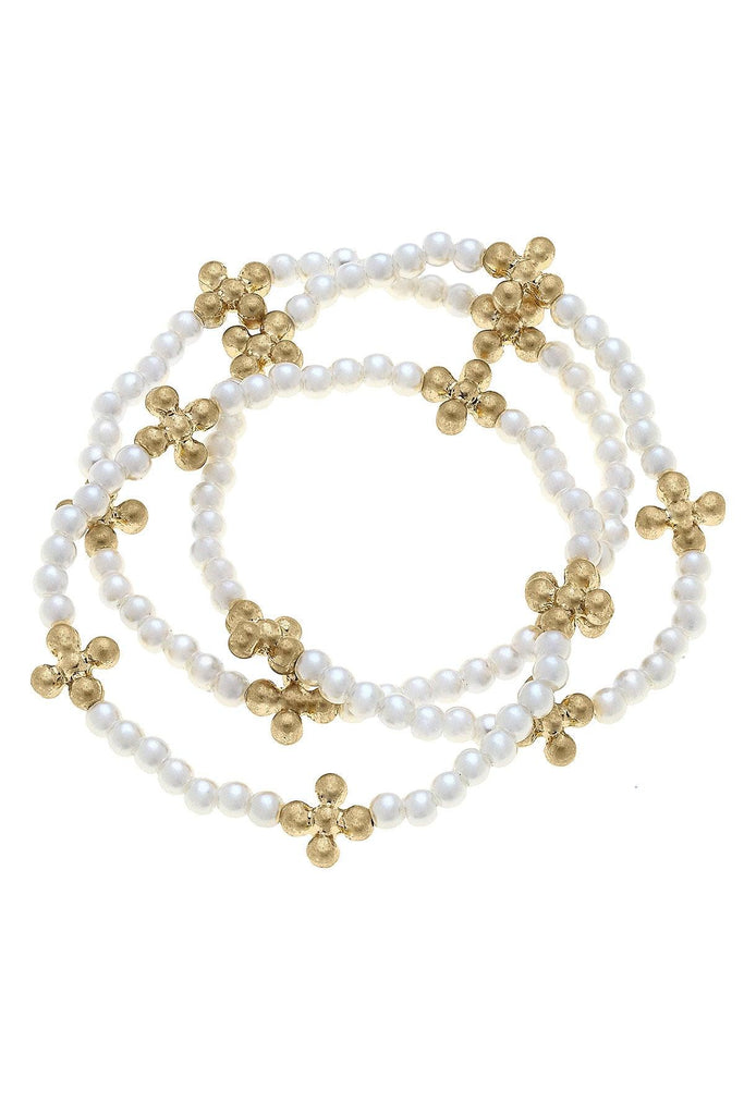 Wren Delicate Cross Beaded Pearl Stretch Bracelets in Ivory (Set of 3) - Canvas Style