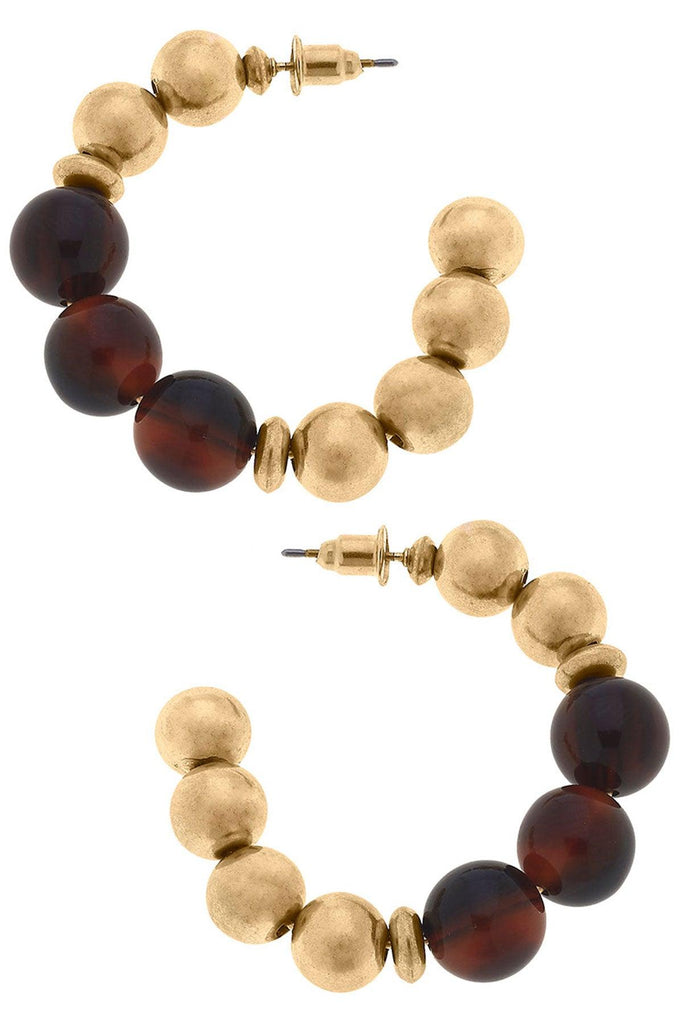 Wynter Resin & Worn Gold Ball Bead Hoop Earrings in Tortoise - Canvas Style