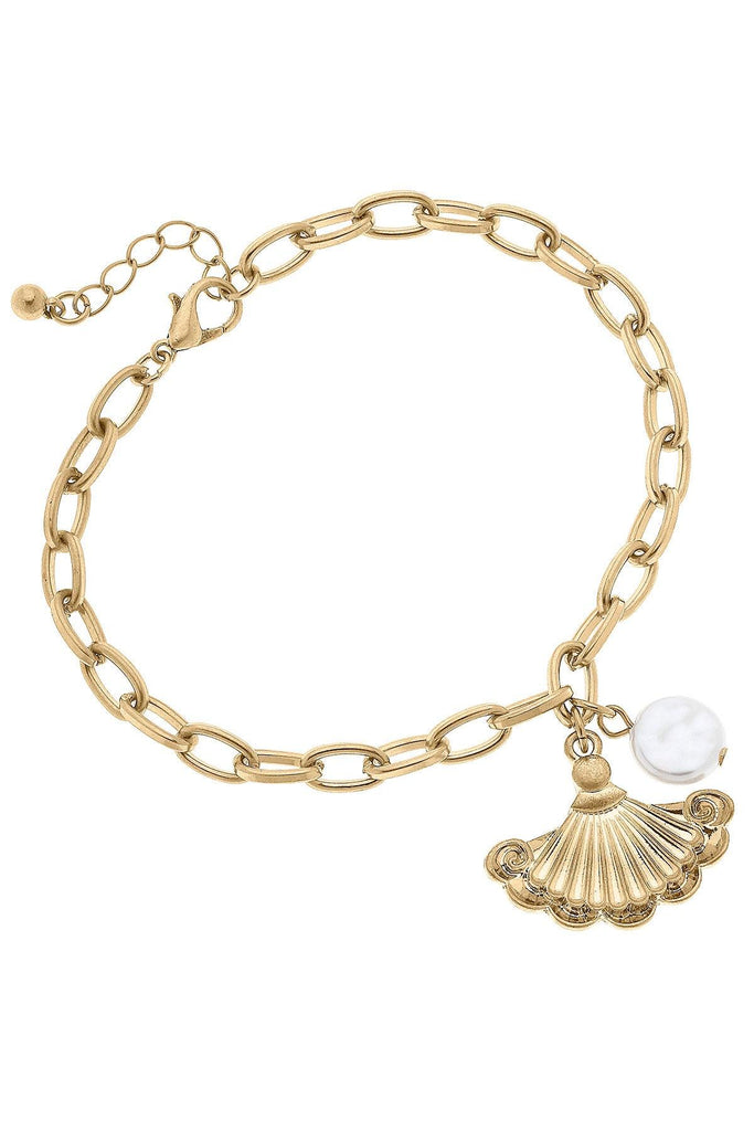 Yvonne French Fan & Pearl Charm Chain Bracelet in Worn Gold - Canvas Style