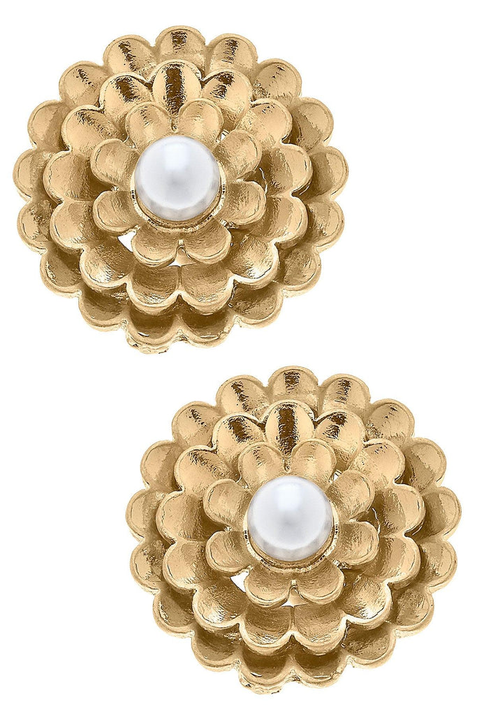 Zinnia Flower Stud Earrings in Worn Gold - Canvas Style