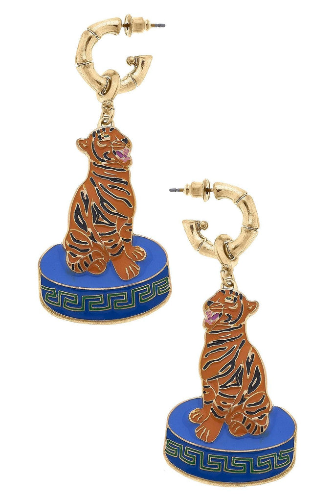 Zion Enamel Tiger Earrings in Orange & Blue - Canvas Style