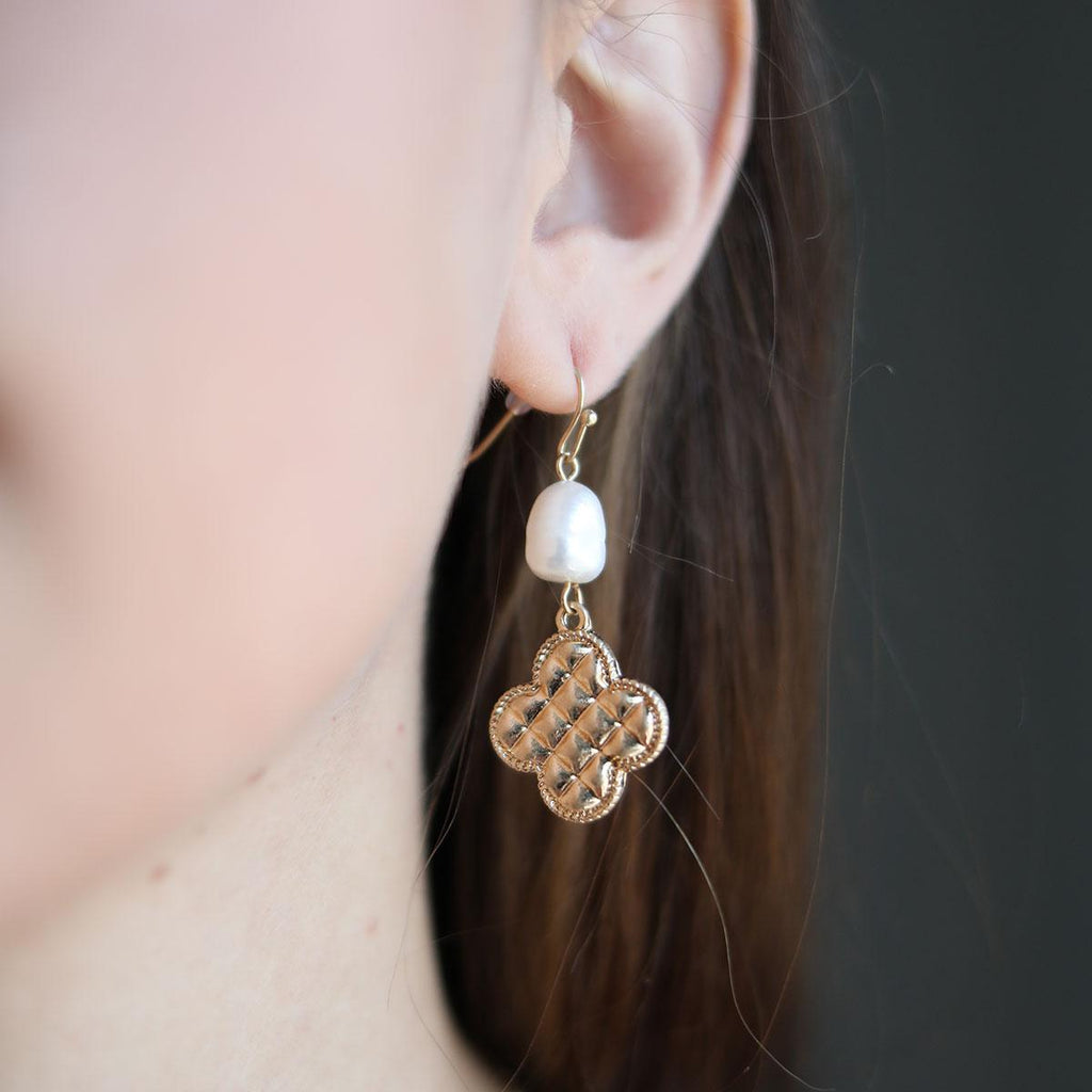 Andee Pearl & Quilted Metal Clover Drop Earrings in Worn Gold - Canvas Style
