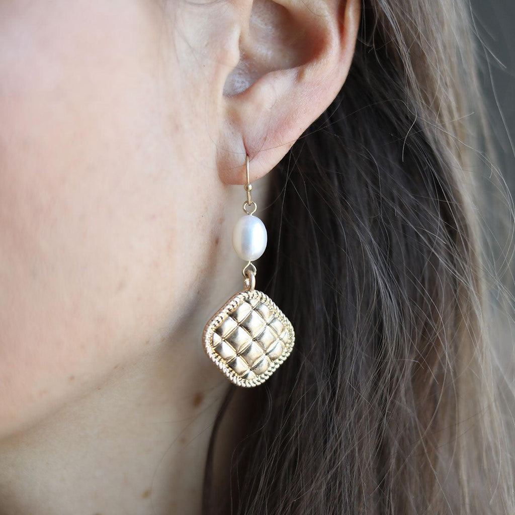 Andee Pearl & Quilted Metal Diamond Drop Earrings in Worn Gold - Canvas Style