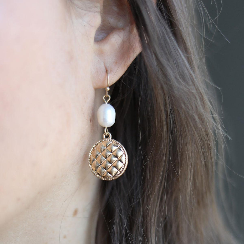 Andee Pearl & Quilted Metal Disc Drop Earrings in Worn Gold - Canvas Style