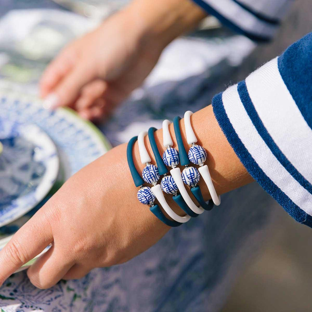 Bali Blue & White Chinoiserie Bead Silicone Bracelet - Canvas Style