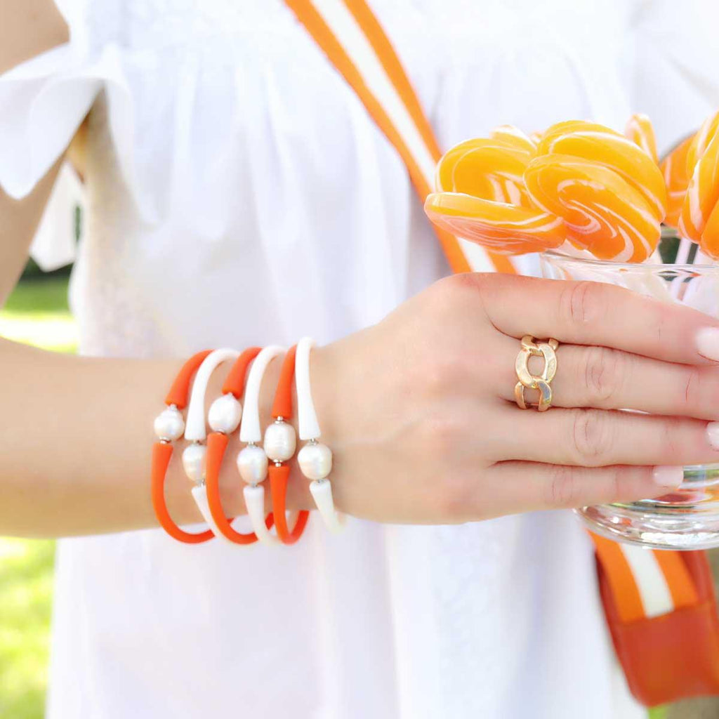 Bali Freshwater Pearl Silicone Bracelet Set of 3 in Orange - Canvas Style