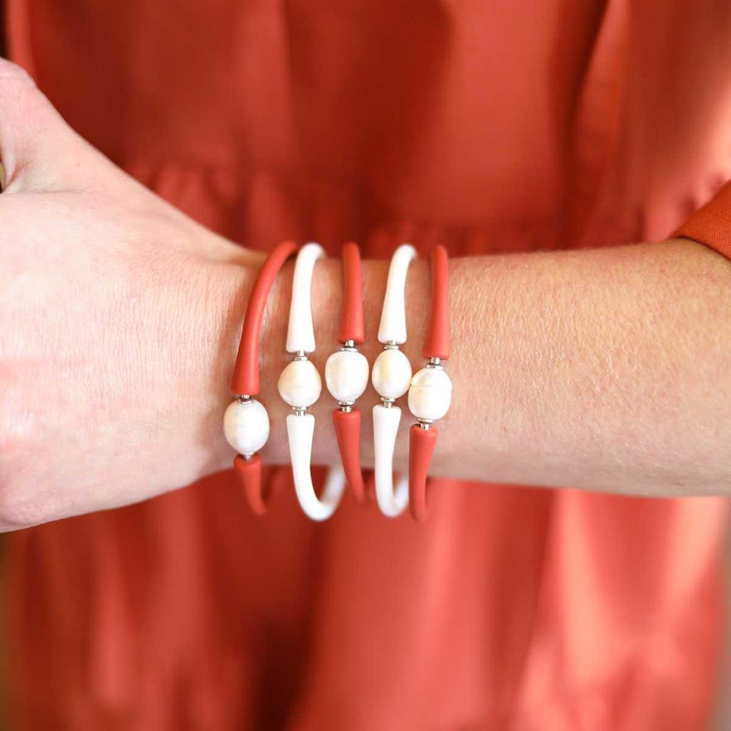 Bali Freshwater Pearl Silicone Bracelet Set of 3 in Rust - Canvas Style