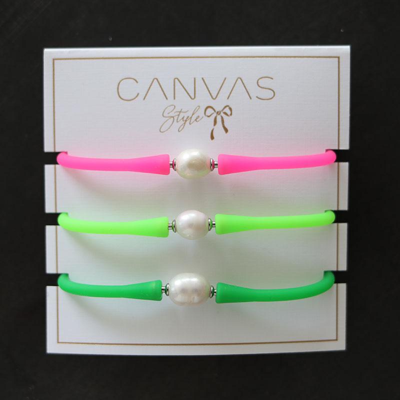Bali Freshwater Pearl Silicone Bracelet Stack of 3 in Neon Pink, Neon Green & Green - Canvas Style