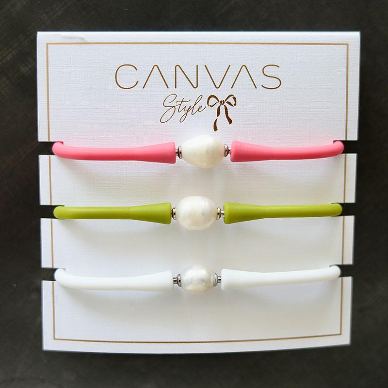 Bali Freshwater Pearl Silicone Bracelet Stack of 3 in Pink, Peridot & White - Canvas Style