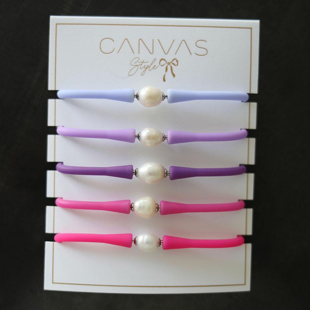 Bali Freshwater Pearl Silicone Bracelet Stack of 5 in Lilac, Lavender, Purple, Magenta & Fuchsia - Canvas Style