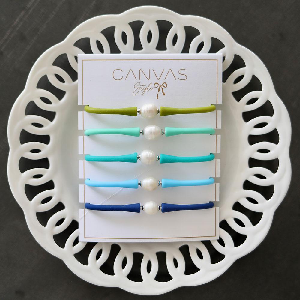 Bali Freshwater Pearl Silicone Bracelet Stack of 5 in Peridot, Mint, Teal, Aqua & Royal Blue - Canvas Style