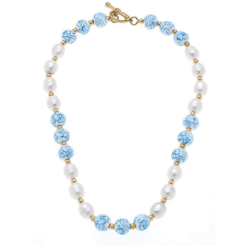 Blythe Porcelain & Pearl Beaded T-Bar Necklace in Wedgwood Blue - Canvas Style