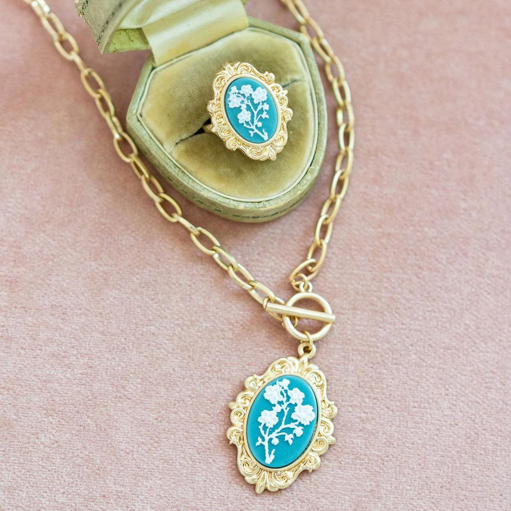 CANVAS Style x @ChappleChandler Pookie Floral Cameo Pendant T-Bar Necklace in Wedgwood Blue - Canvas Style