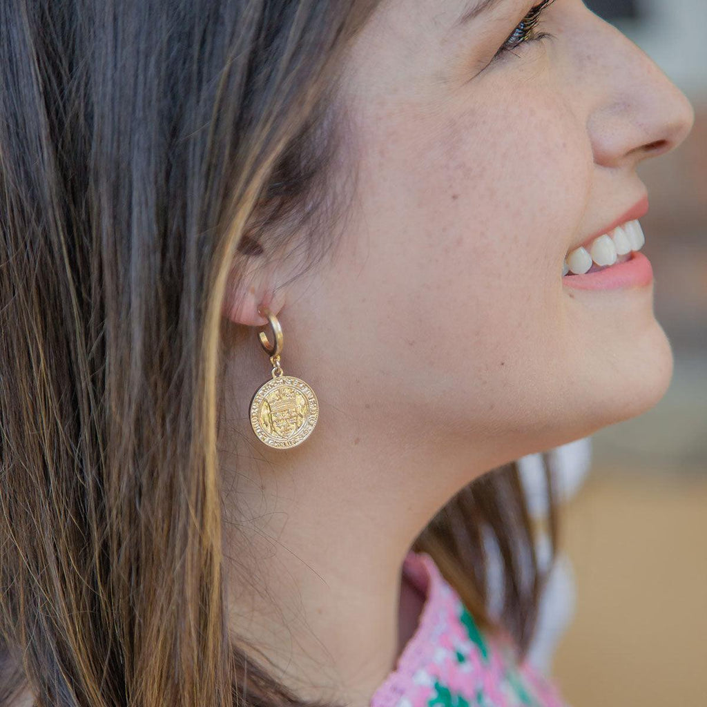 CANVAS Style x MaryCatherineStudio French Coin Drop Hoop Earrings in Worn Gold - Canvas Style