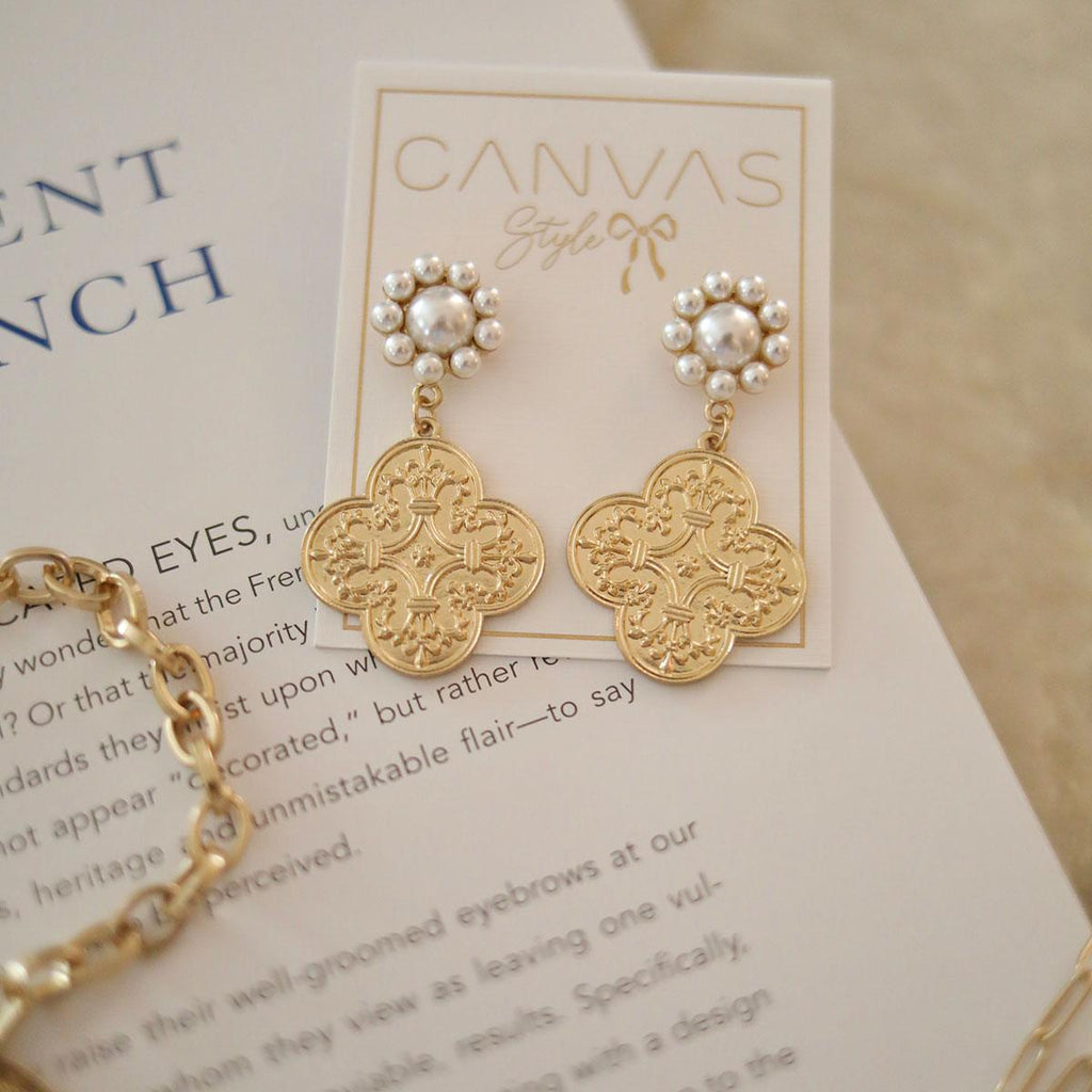 CANVAS Style x MaryCatherineStudio French Quatrefoil Pearl Drop Earrings in Worn Gold - Canvas Style