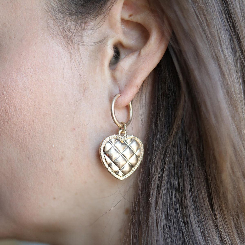 Collin Quilted Metal Heart Drop Hoop Earrings in Worn Gold - Canvas Style