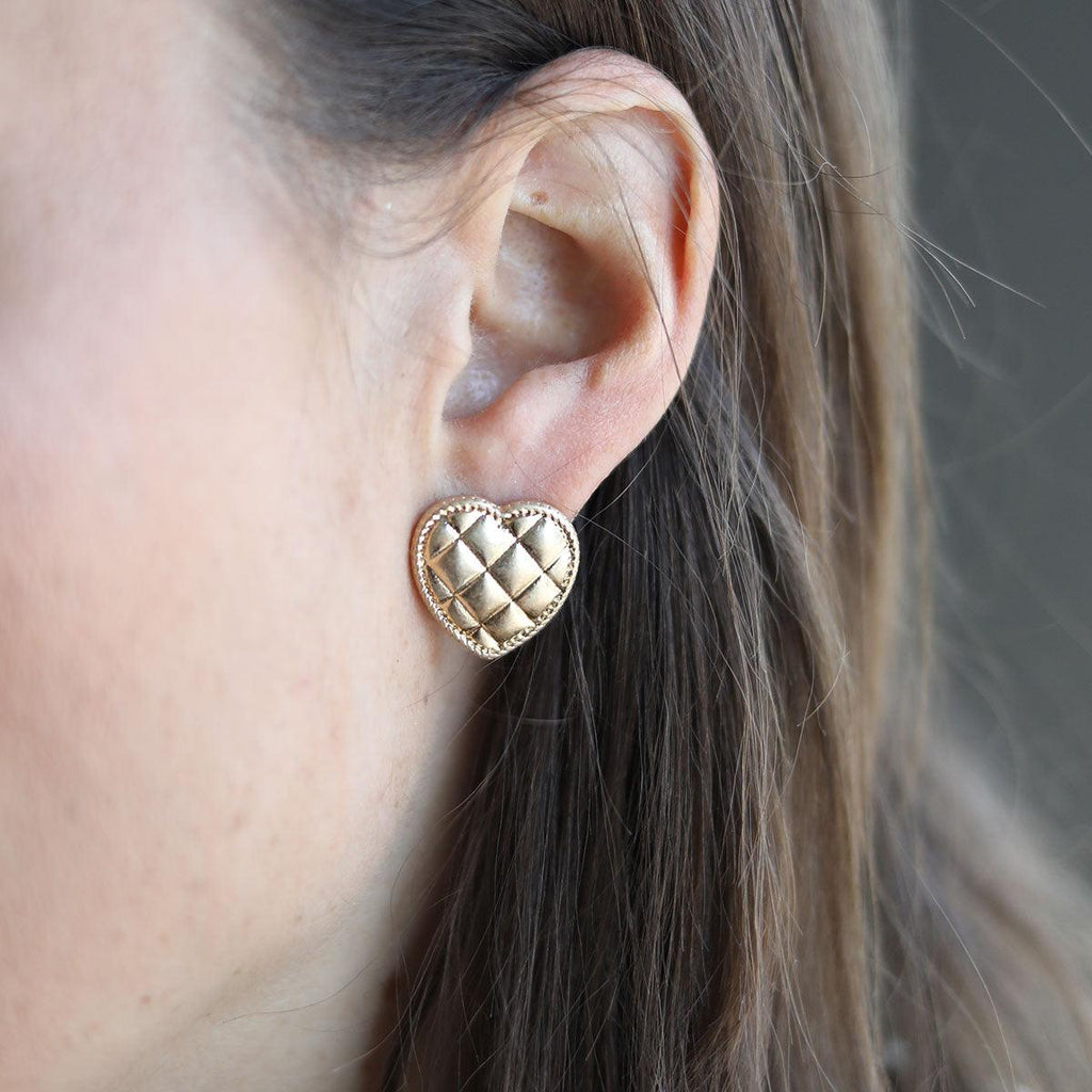 Connell Quilted Metal Heart Stud Earrings in Worn Gold - Canvas Style