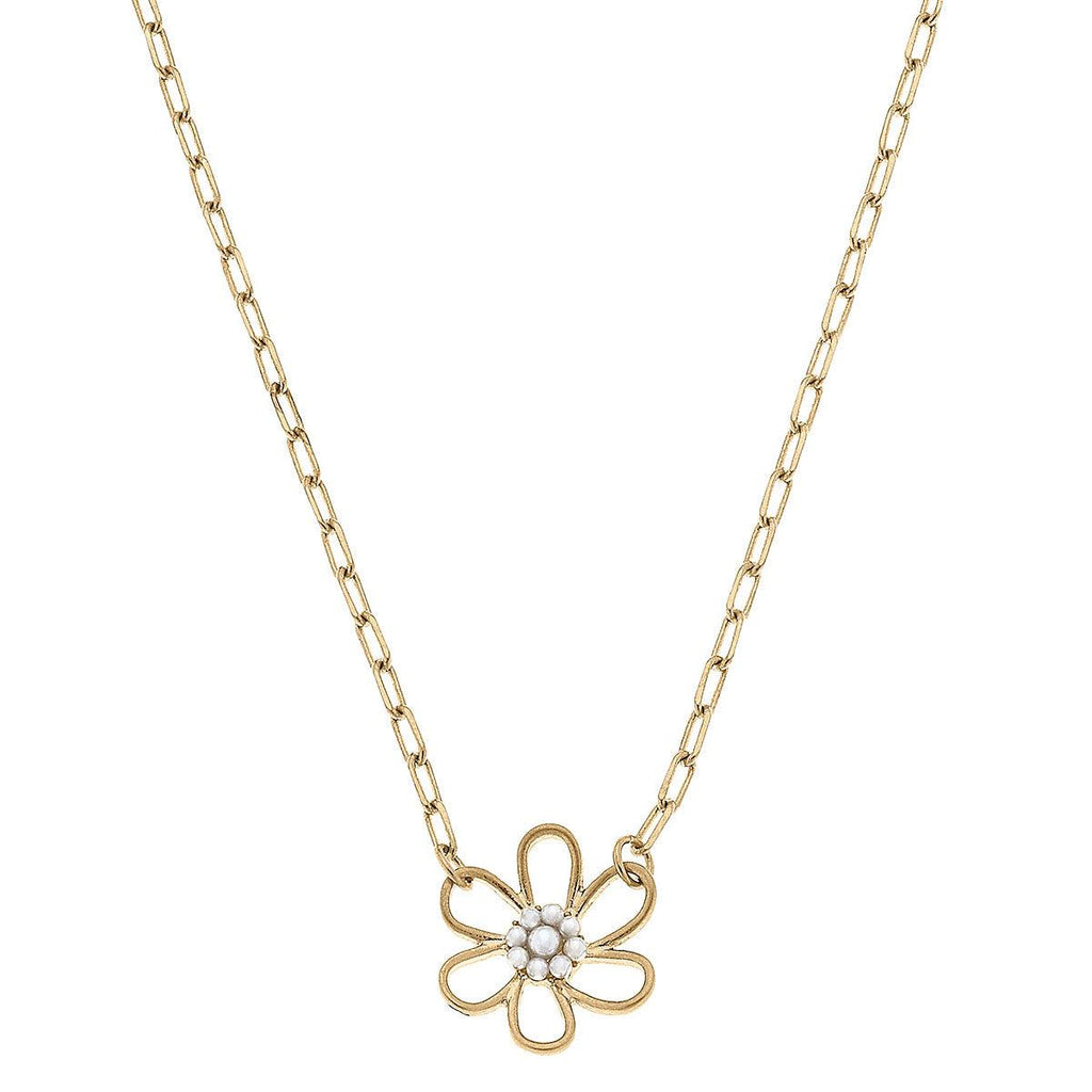 Daisy Delicate Flower Necklace in Worn Gold - Canvas Style