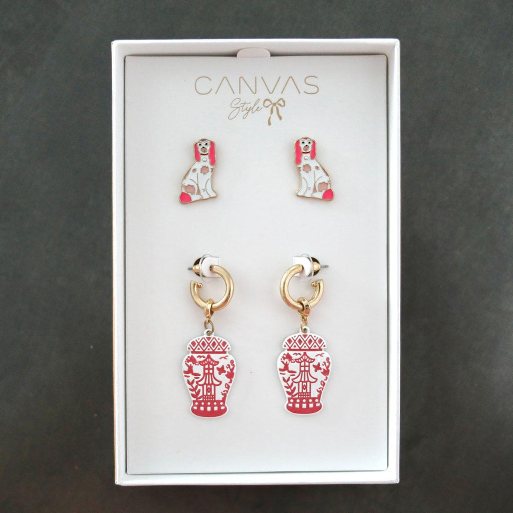 Daphne Staffordshire Dog Stud and Aubree Pagoda Ginger Jar Earring Set - Canvas Style