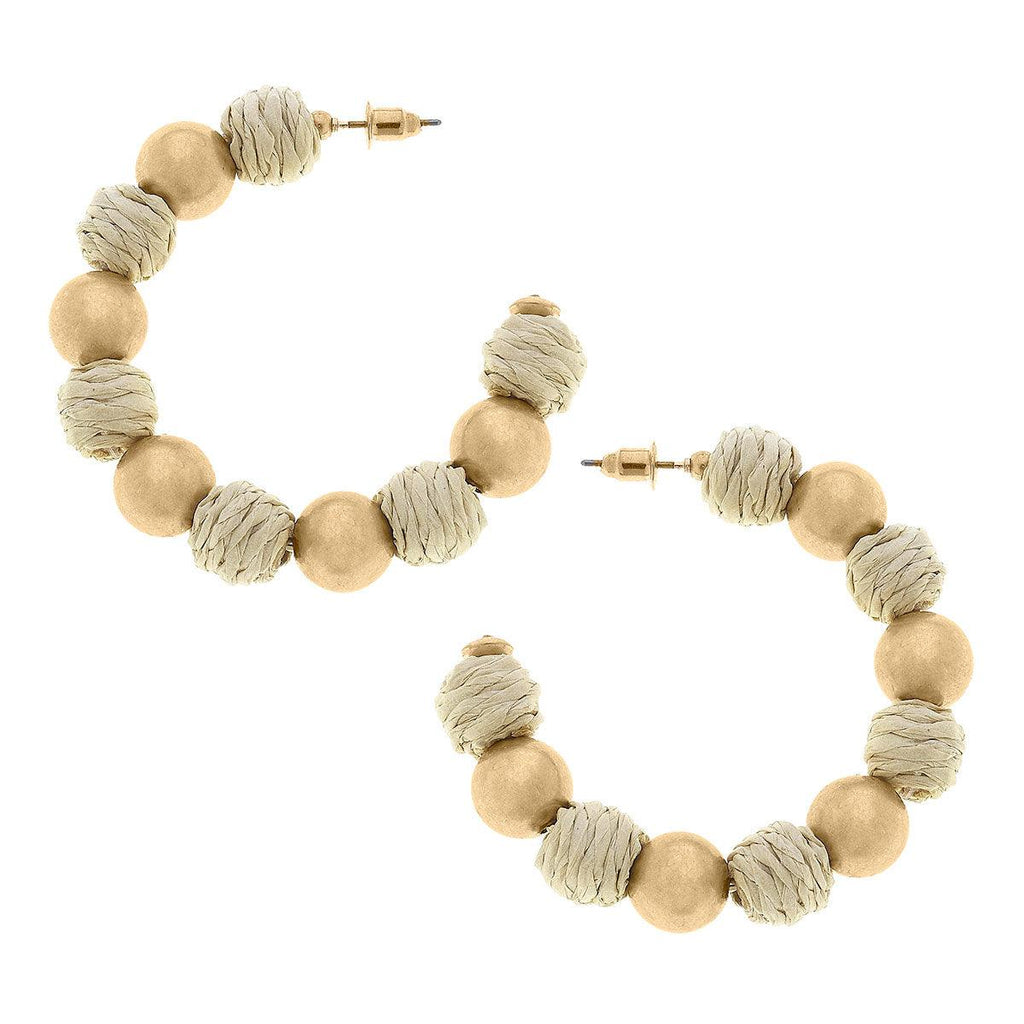 Demi Raffia and Ball Bead Hoop Earrings in Natural - Canvas Style