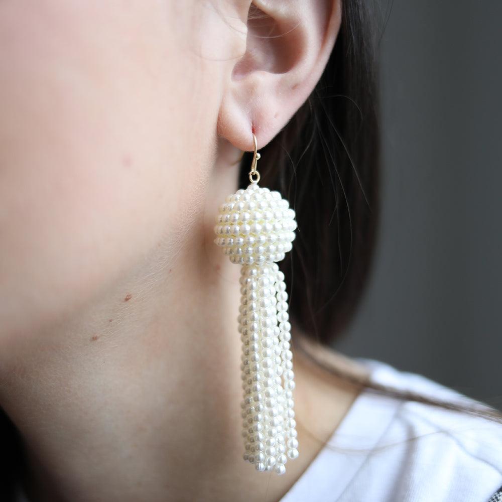 Edie Pearl Beaded Tassel Drop Earrings in Ivory - Canvas Style