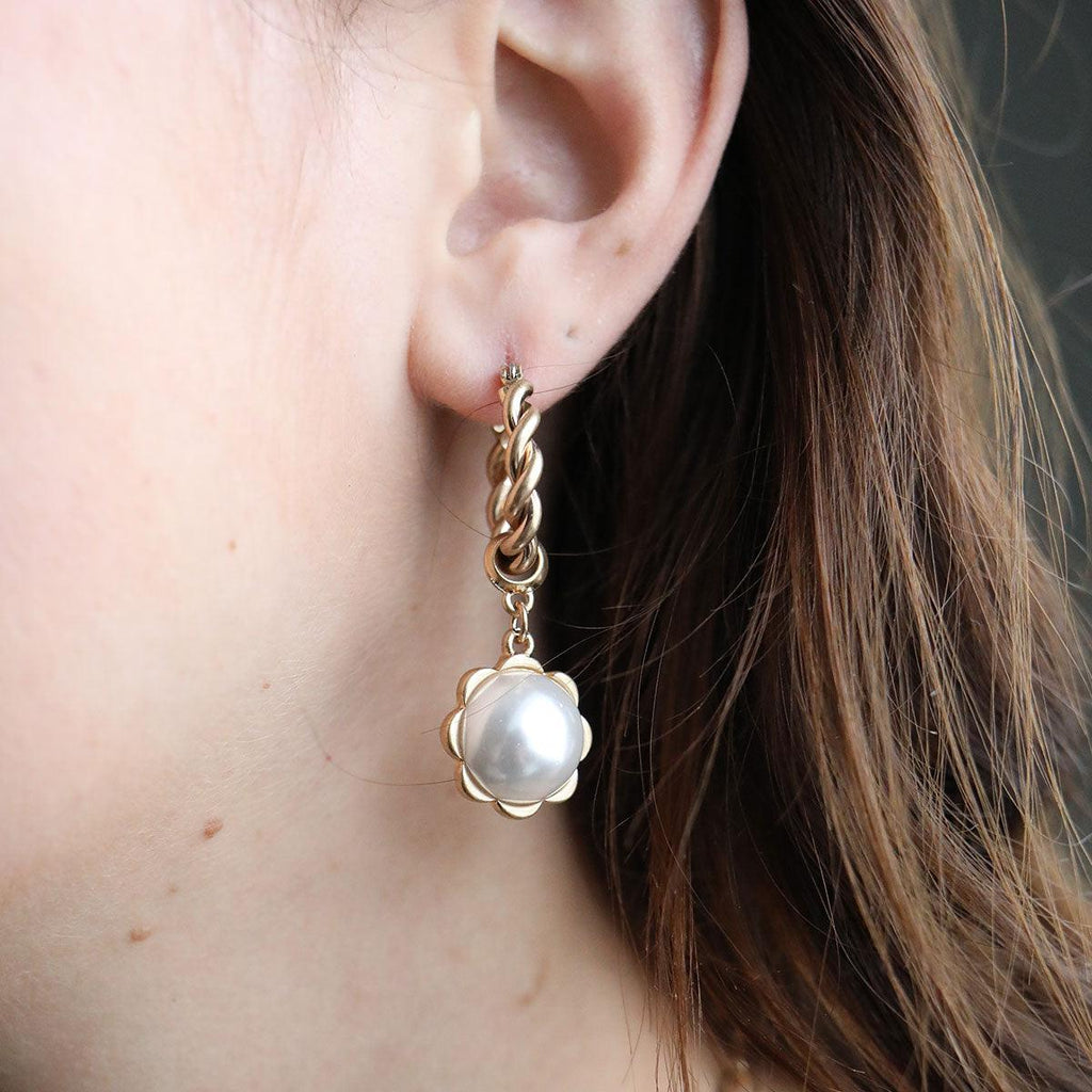 Ellison Twisted Metal & Pearl Flower Drop Hoop Earrings in Ivory - Canvas Style