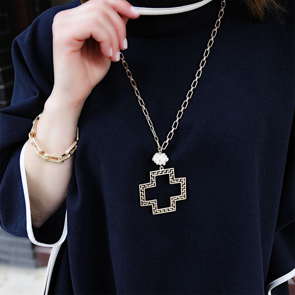 Elysa Greek Keys Cross Pendant & Pearl Cluster Necklace in Worn Gold - Canvas Style