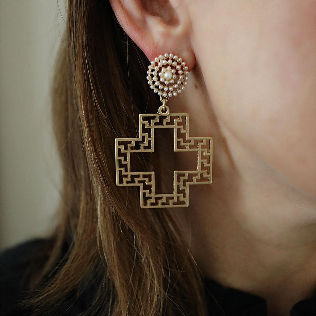 Emilia Greek Keys Cross & Pearl Studded Statement Earrings in Worn Gold - Canvas Style