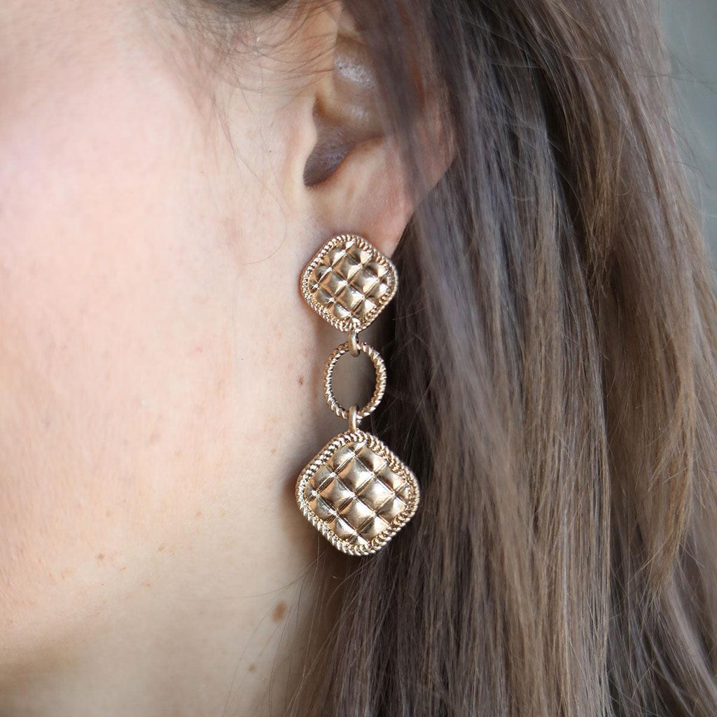 Ennis Quilted Metal Diamond Drop Earrings in Worn Gold - Canvas Style