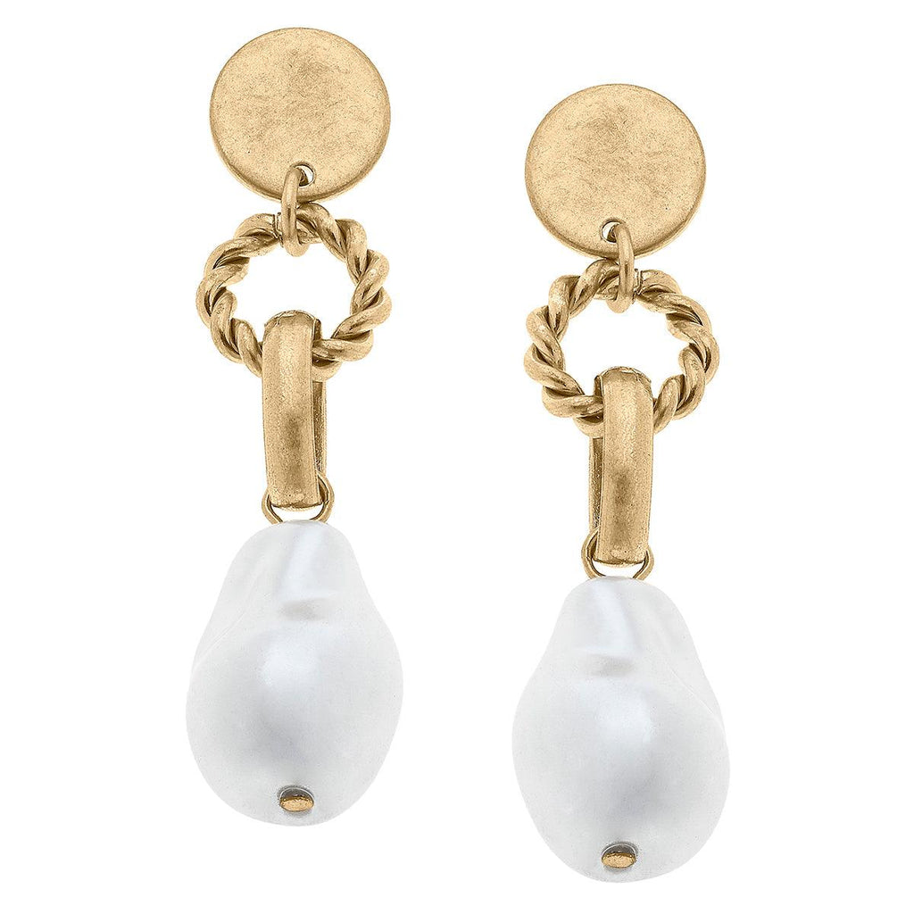 Fletcher Baroque Pearl & Twisted Metal Drop Earrings in Worn Gold - Canvas Style