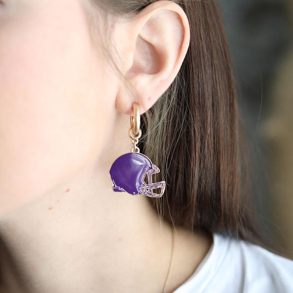 Game Day Football Helmet Enamel Earrings in Purple - Canvas Style