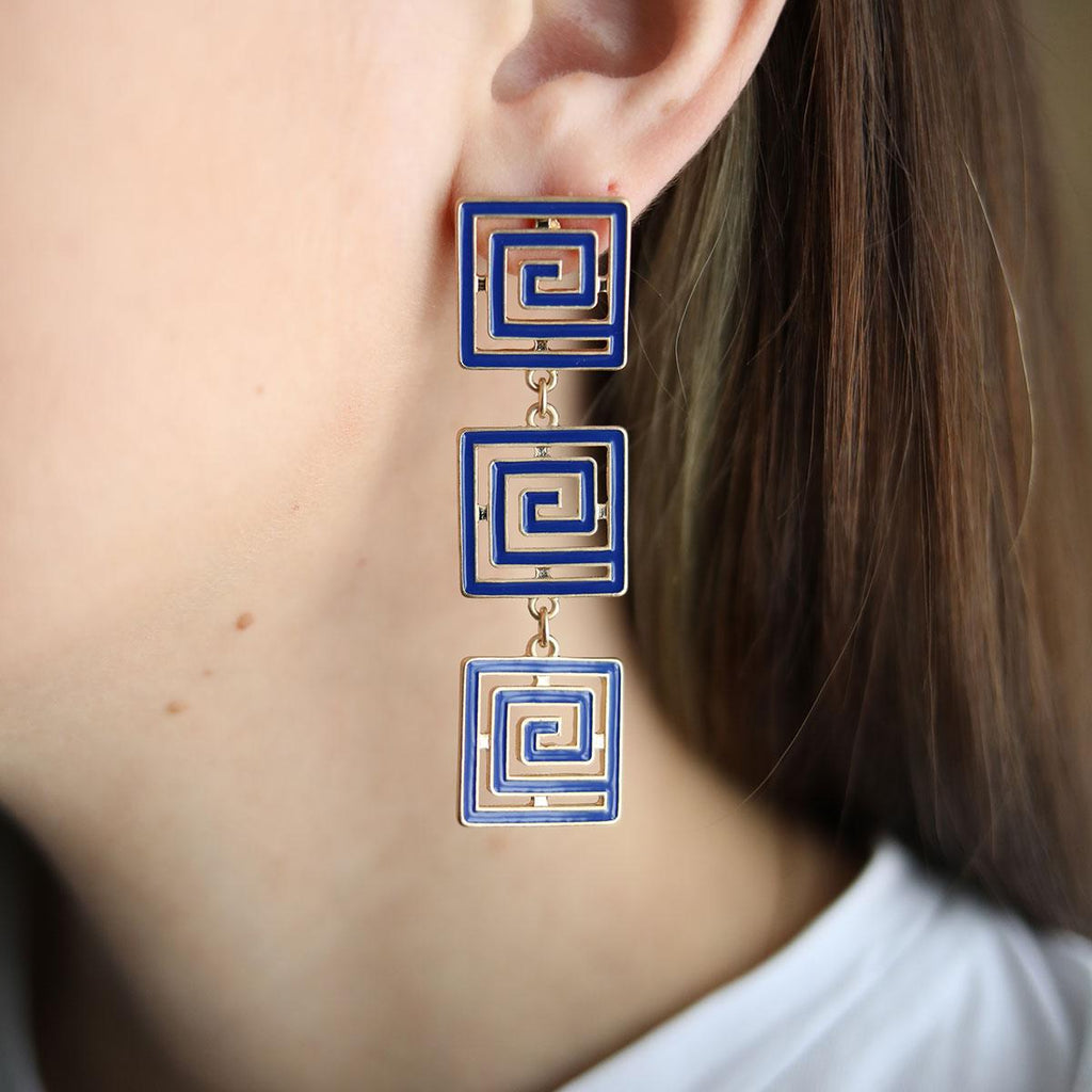 Gretchen Game Day Greek Keys Linked Enamel Earrings in Blue - Canvas Style