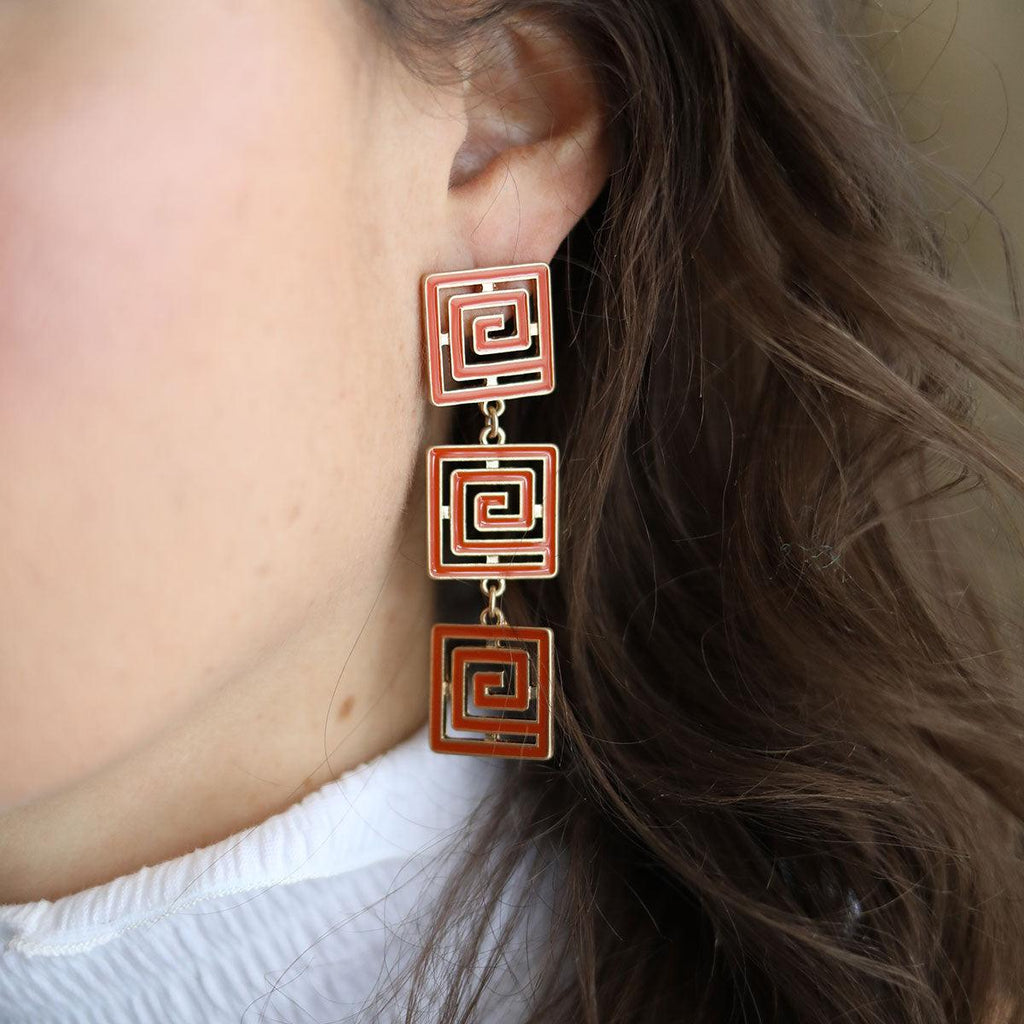 Gretchen Game Day Greek Keys Linked Enamel Earrings in Burnt Orange - Canvas Style