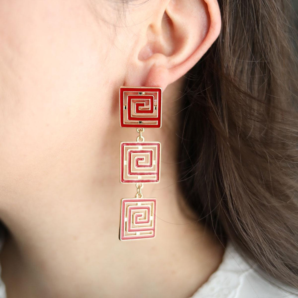 Gretchen Game Day Greek Keys Linked Enamel Earrings in Crimson - Canvas Style