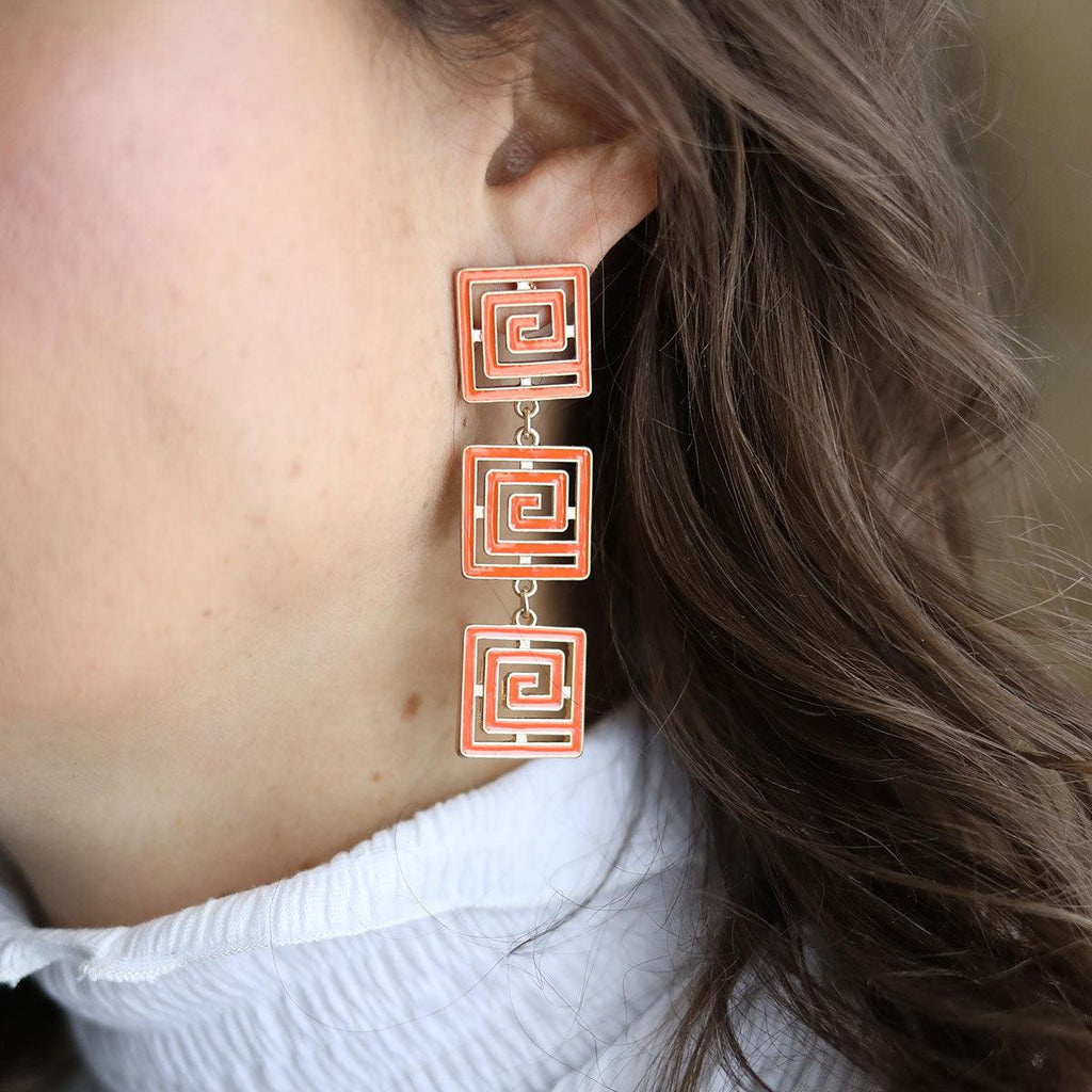 Gretchen Game Day Greek Keys Linked Enamel Earrings in Orange - Canvas Style