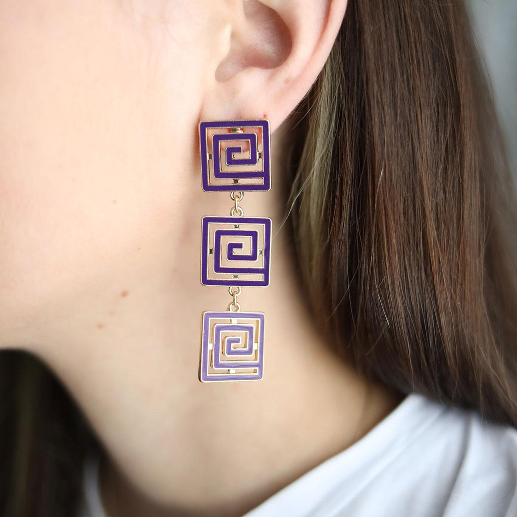 Gretchen Game Day Greek Keys Linked Enamel Earrings in Purple - Canvas Style
