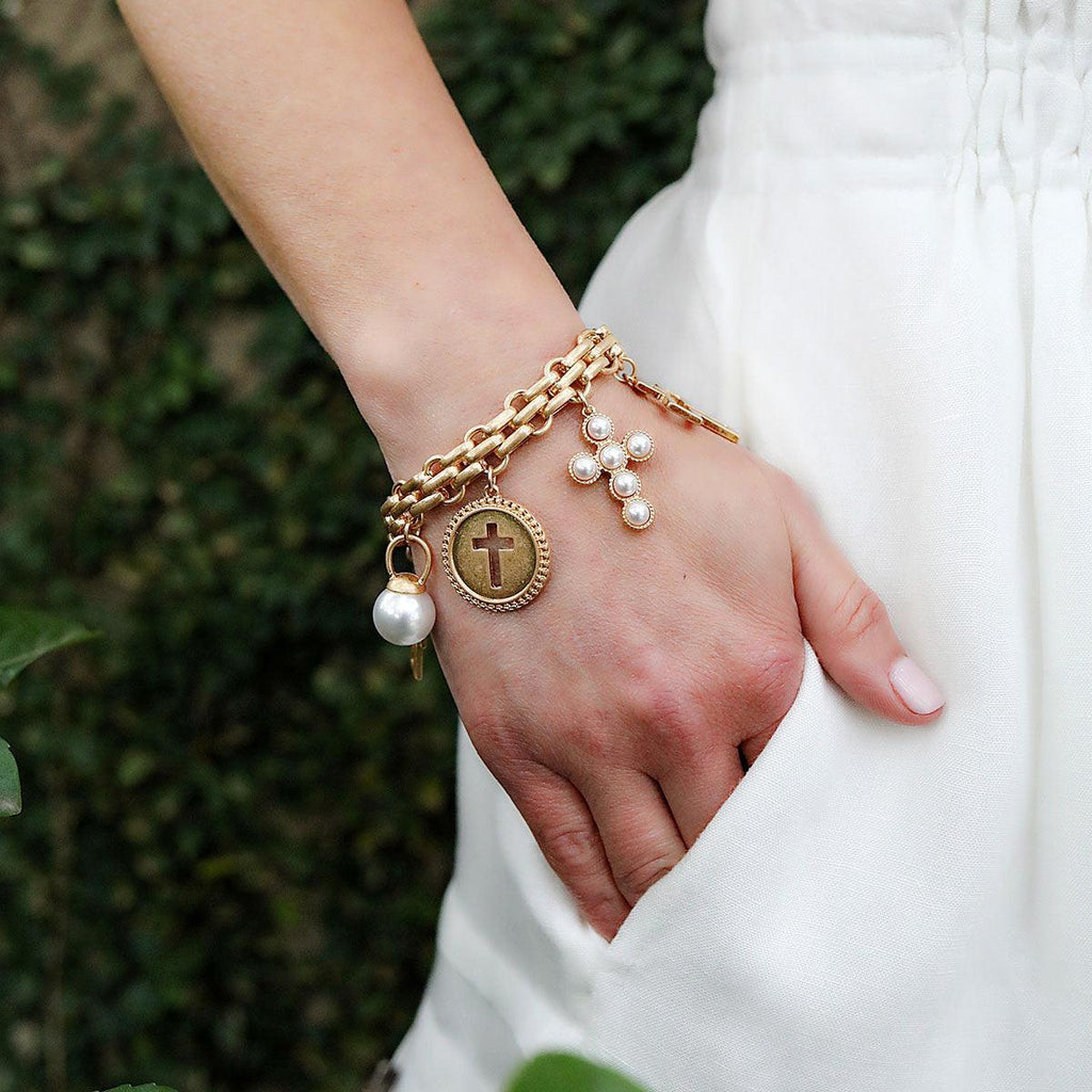 Heaven Cross Charm Bracelet in Worn Gold - Canvas Style